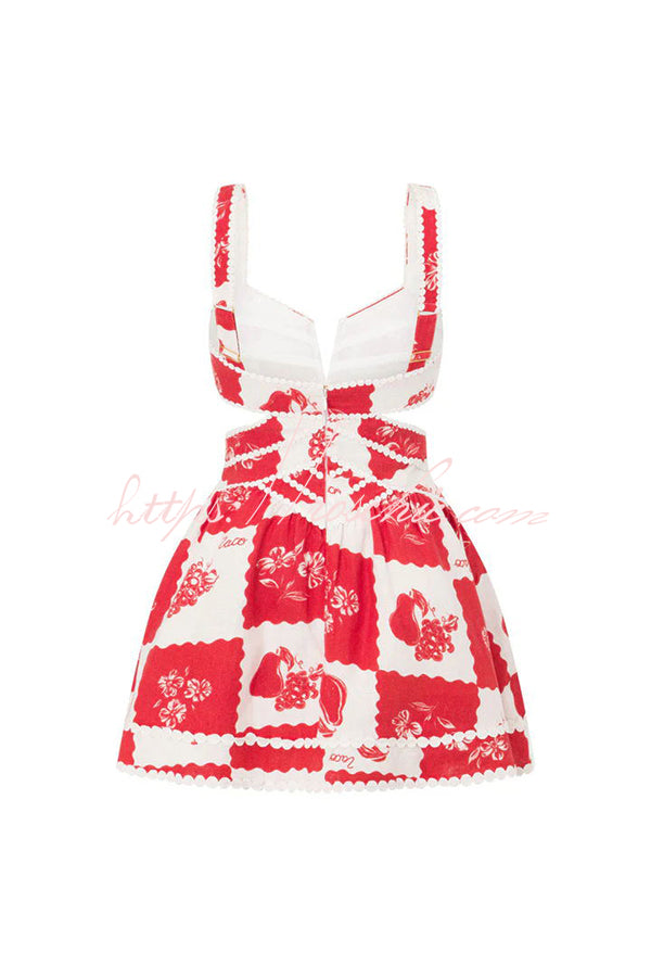 Linen Blend Mini Dress with Ric Rac Trims & Cutout Detail
