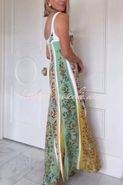 Robe longue florale en lin mélangé à blocs de couleurs – Col en cœur