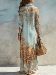 Blue Printed Shirt Dress with Self-Tie Waist & Pockets