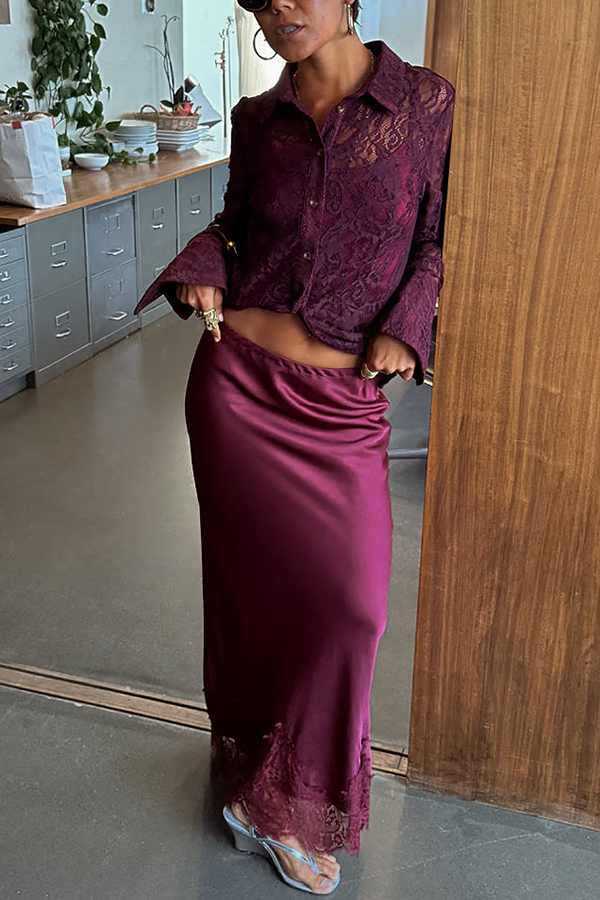 Chocolate Brown Satin Lace Trim Mid Rise Maxi Skirt