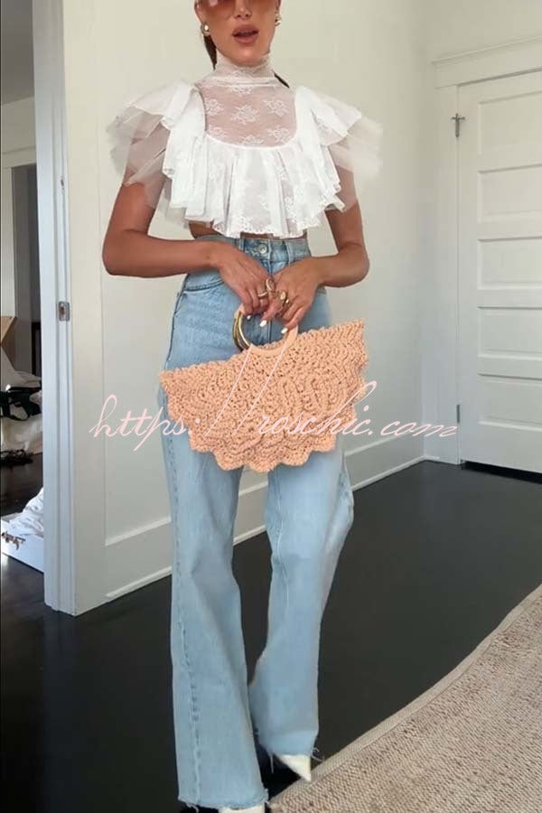 Lace Tulle High Neck Ruffle Cropped Top | Party & Vacation