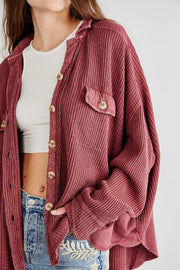 Women's Waffle Knit Shacket Batwing Sleeve Loose Fall Jacket Back to School