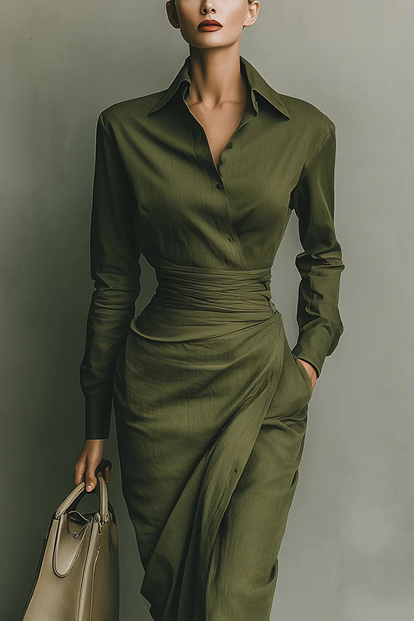 Women's Slim-Fit Lapel Midi Dress with Long Sleeves