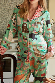 Coffee Cat Print Long Sleeve Two-Piece Lounge Set
