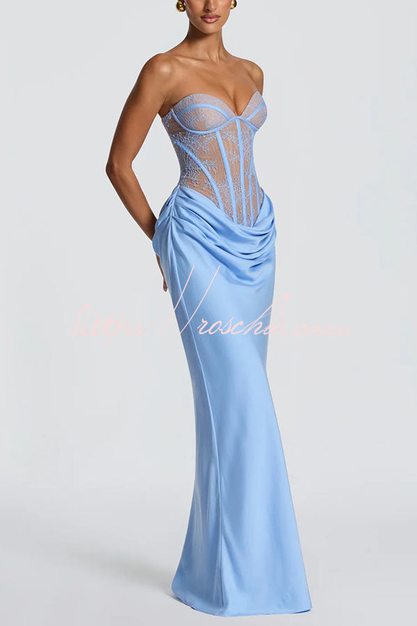 Floral Lace Strapless Maxi Dress with Lace-Up Back
