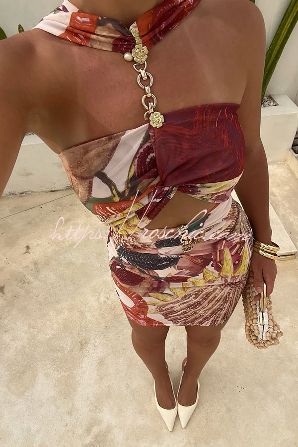 Mesh Rosette Hardware Cutout Ruched Stretch Mini Dress