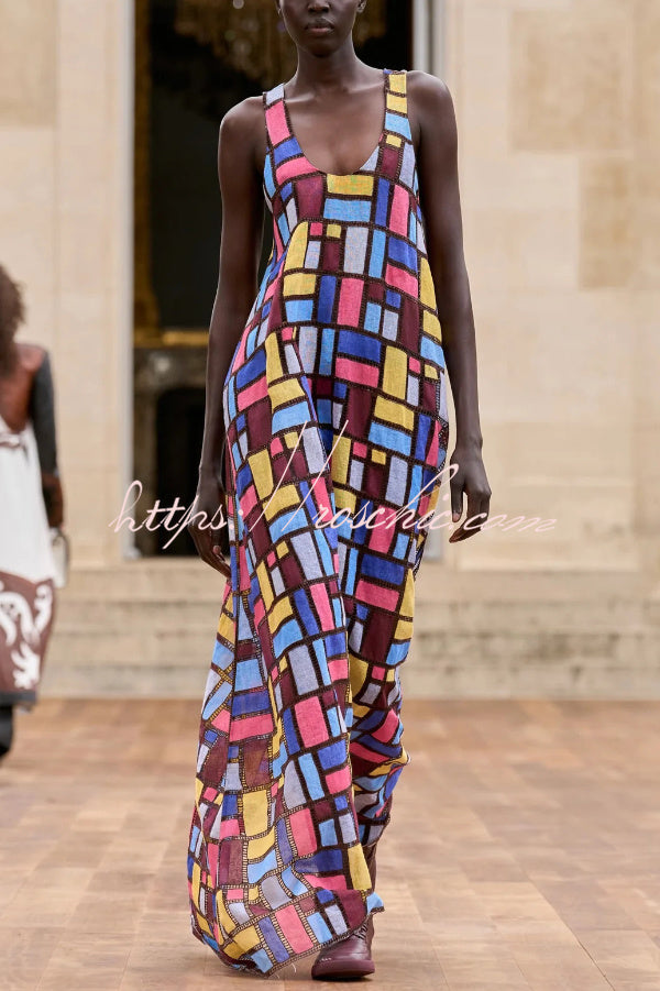 Color-block Plaid Print Sleeveless Maxi Dress – Loose Fit