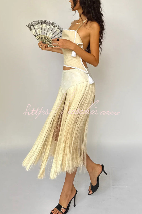 Lace Appliqué Tassel Hem Maxi Skirt for Vacation