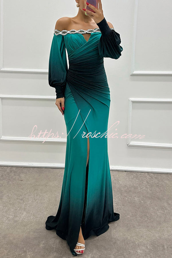 Gradient Print Off-Shoulder Gem Detail Maxi Gown Dress