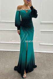 Gradient Print Off-Shoulder Gem Detail Maxi Gown Dress