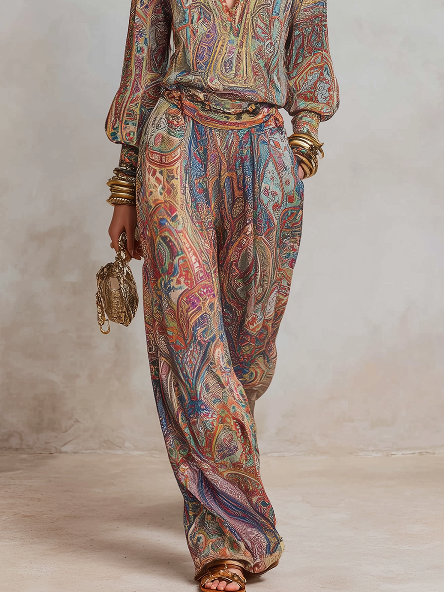 Paisley Print Wide Leg Pantsuit | Women's Pants Set