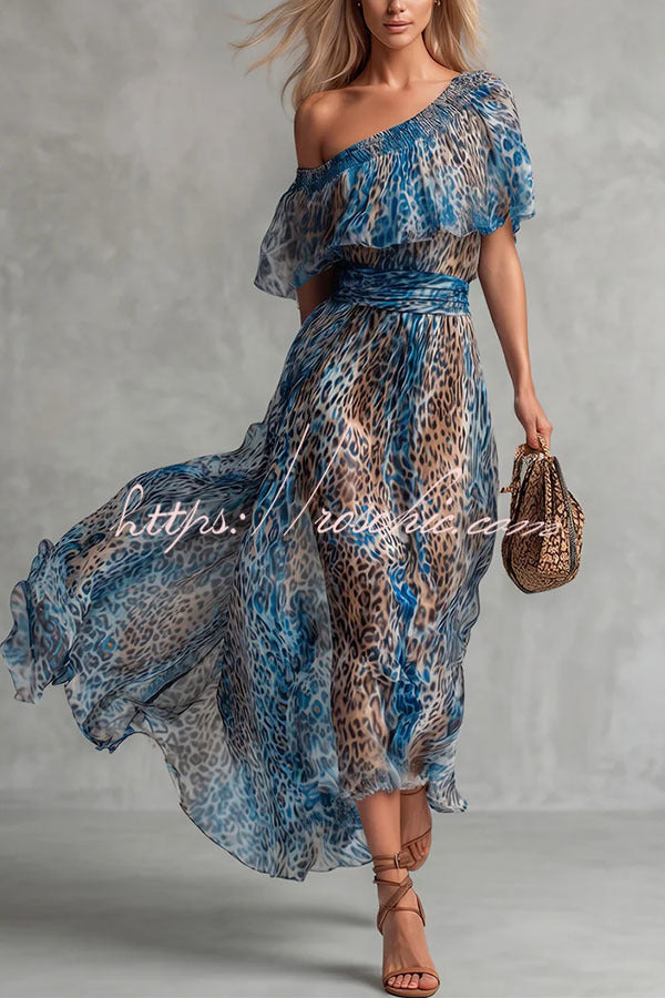 Leopard Print One-Shoulder Flowy Maxi Dress