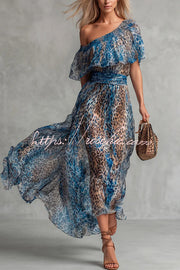 Leopard Print One-Shoulder Flowy Maxi Dress