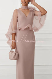 3D Floral Mesh Mock Neck Cape Sleeve Maxi Gown