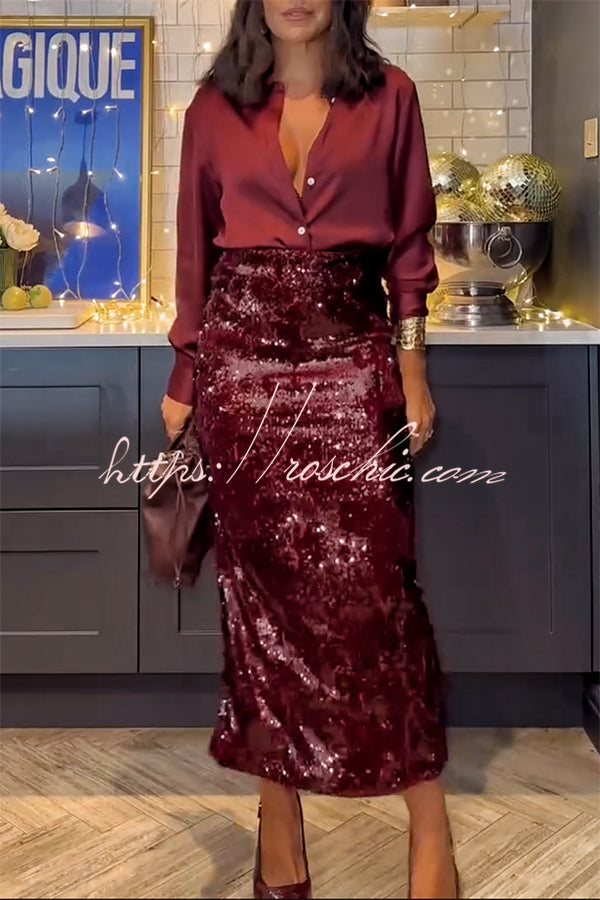 Satin Button-Up Blouse | Long Sleeve Loose Party Top
