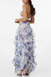 Robe longue à volants et à volants en mousseline de soie imprimé roses - Col en V