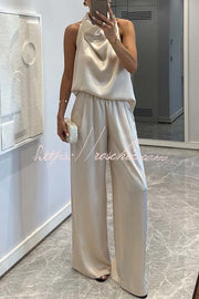 Satin Cowl Neck Top & Loose Pants Set | Sleeveless Two-Piece