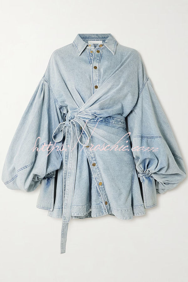 Denim Balloon Sleeve Wrap Mini Dress with Twisted Hem