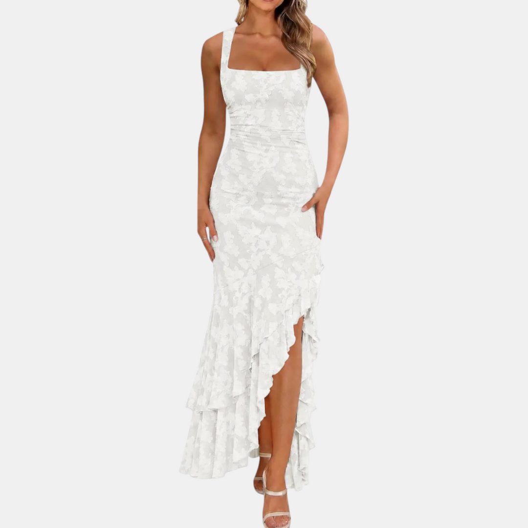 Floral Embroidery Mermaid Maxi Dress – Square Neck Gown