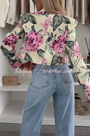 Floral Print Crop Blazer with Lapel & Long Sleeves