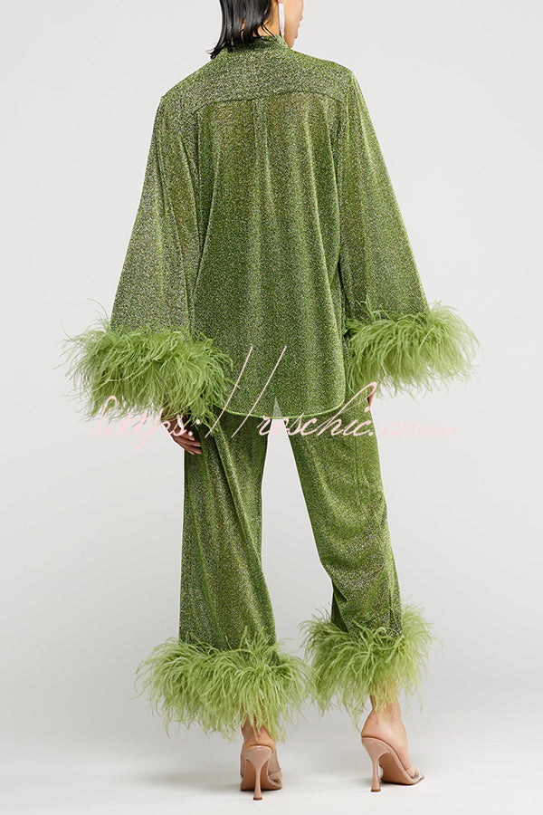 Ensemble de détente deux pièces à bordure en plumes scintillantes – manches longues et pantalon