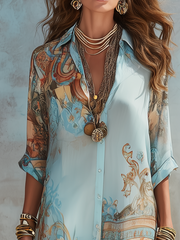 Blue Printed Shirt Dress with Self-Tie Waist & Pockets