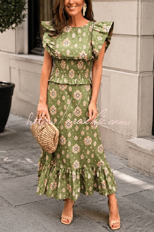 Printed Flutter Sleeve Smocked Top & Maxi Skirt Set