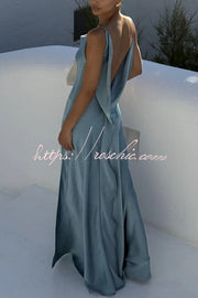 Satin Draped Neck Backless Ruffle Slit Maxi Dress