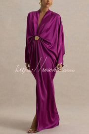 Satin Plunge V-Neck Maxi Dress with Gold Trim & Batwing Sleeves