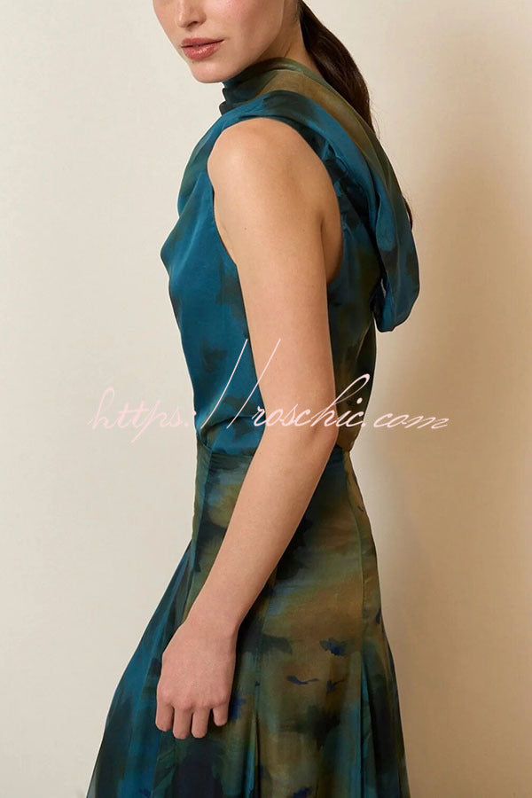 Chiffon Ombré Print Cowl Neck Top & High-Rise Maxi Skirt Set