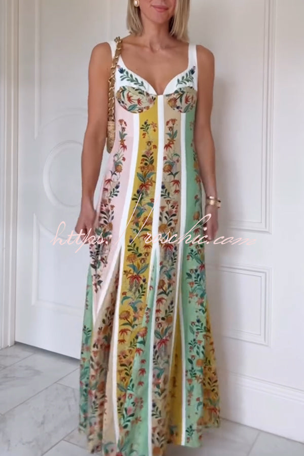 Linen Blend Color Block Floral Maxi Dress – Sweetheart Neck
