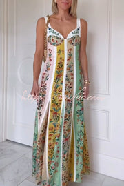 Linen Blend Color Block Floral Maxi Dress – Sweetheart Neck