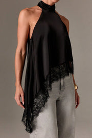 Satin Sleeveless Halter Top – Loose Fit Lace Hem