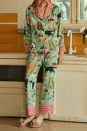 Coffee Cat Print Long Sleeve Two-Piece Lounge Set