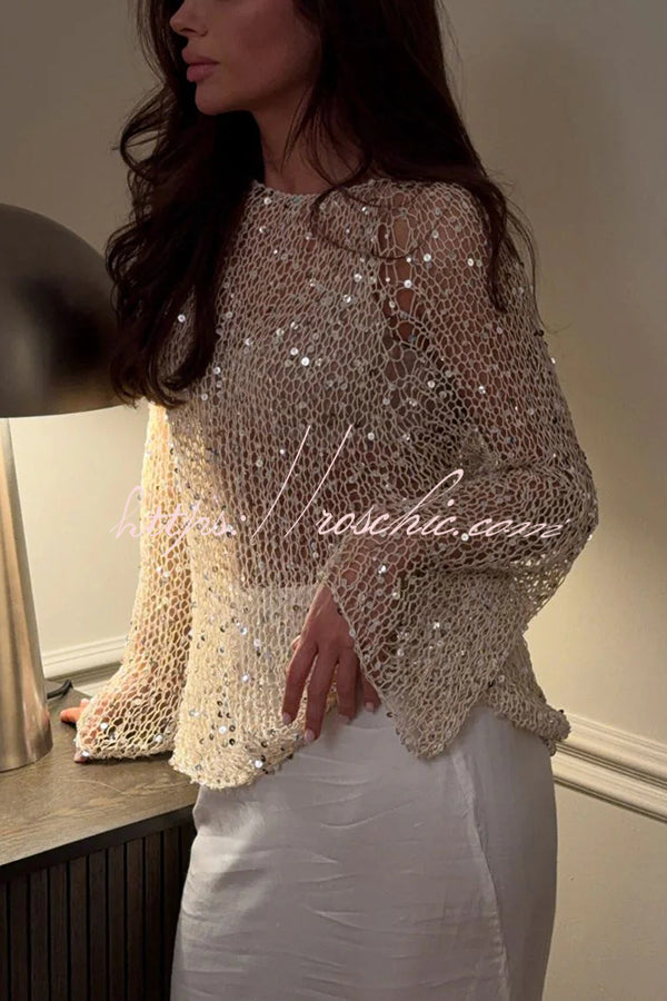 Sequin Hollow-Out Long Sleeve Loose Knit Top