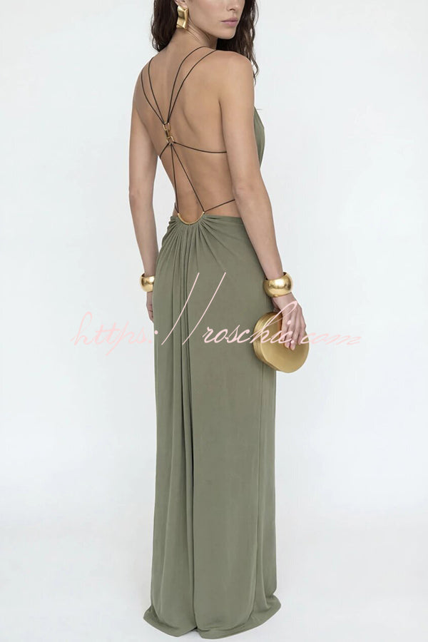 Metal-Link Cutout Back Lace-Up Drape Maxi Dress