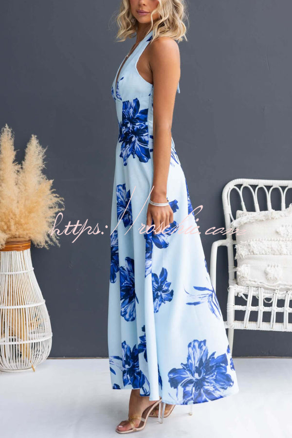 Floral Print Halter Neck Backless Maxi Dress