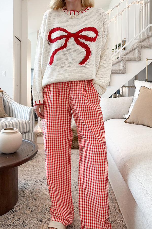 Pull en tricot avec nœud de Noël – Manches longues de couleur contrastée