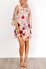 Floral Applique Embroidered Mini Dress with 3/4 Sleeves