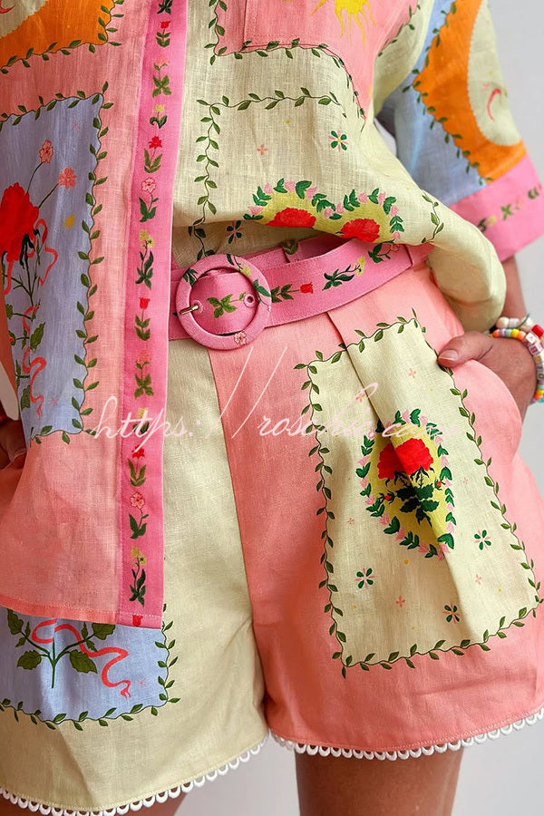 Linen Blend Printed Short Sleeve Shirt & Belted Shorts Set