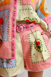 Linen Blend Printed Short Sleeve Shirt & Belted Shorts Set