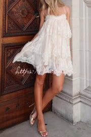 Layered Lace Trim Chiffon Backless Mini Dress with Adjustable Straps