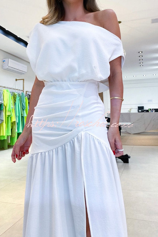 One Shoulder Ruched Slit Maxi Dress for Parties