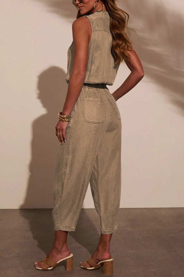 Women's Sleeveless Denim Jumpsuit with Elastic Waist & Pockets
