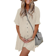 AUSELILY Babydoll Dress for Women Short Sleeve Button Down Textured Non-clingy Loose Fit Flowy Mini Dress with Pockets 2026 New Summer Dress