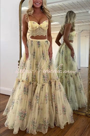Satin Bow Lace-Back Crop Tank & Tulle Maxi Skirt Set