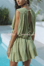Linen Blend Draped Mini Dress with Braided Belt Detail