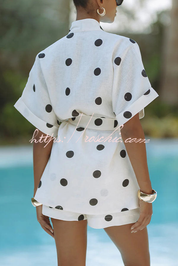 Linen Blend Polka Dot Kimono Top & Shorts Set