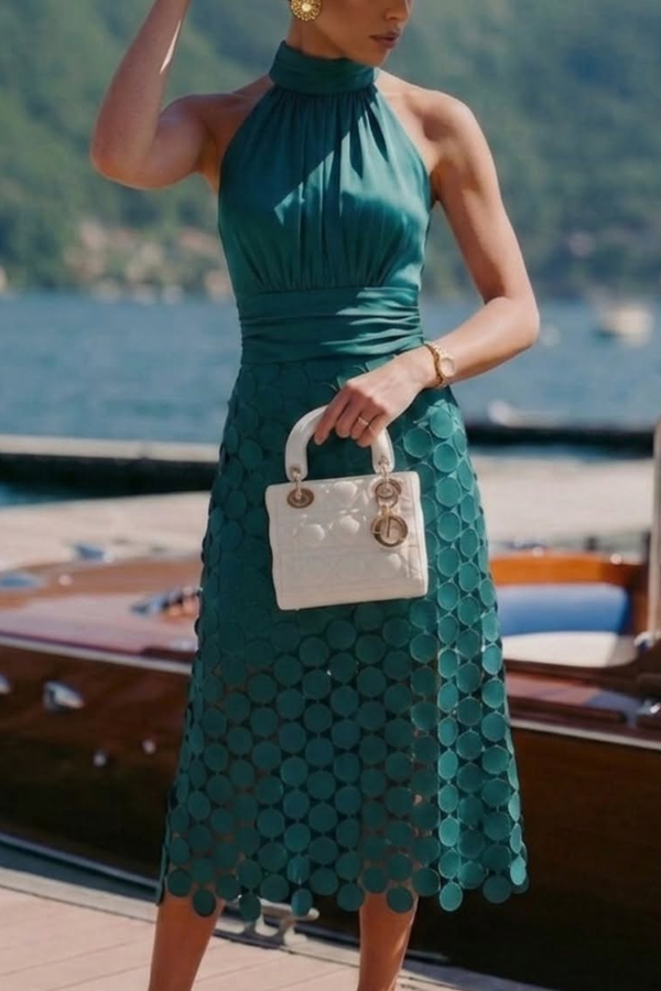 Satin Ruched Halter Neck Midi Dress with Polka Dot Hem