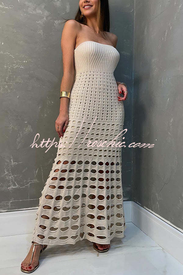 Robe longue en tricot à épaules dénudées et patchwork rustique – Coupe ample